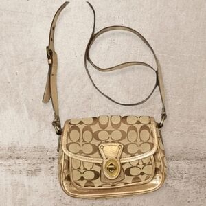Coach Canvas x Metallic Coloured Leather Signature Cricket Mini Shoulder Purse